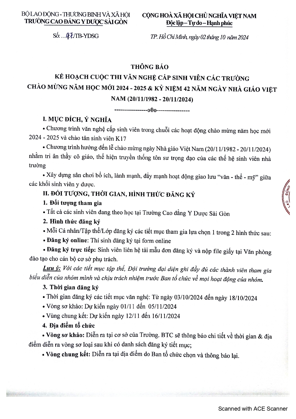 Thông báo cuộc thi văn nghệ cấp sinh viên các trường chào mừng năm học mới 2024-2025 và kỷ niệm 42 năm ngày Nhà giáo Việt Nam (20/11/1982-20/11/2024